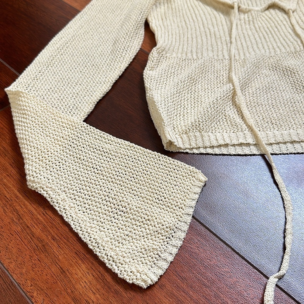 Princess Polly Cream Knit Tie-Front Top Size 6 – Long Sleeve Crochet Sweater - Picture 3 of 7